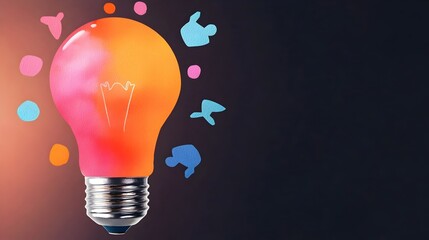 Aufkleber - Vibrant watercolor splashes emitting from a glowing light bulb representing a breakthrough in marketing and clean energy solutions  Floating symbols surrounded by a dreamy