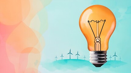 Fototapete - Watercolor depicting a light bulb suspended over a serene natural landscape representing clean energy sources  The dreamy bokeh effect enhances the creative and feel
