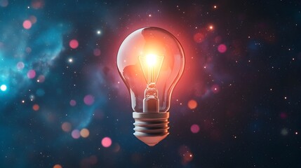 Aufkleber - Glowing light bulb symbolizing a bright idea set against a vibrant nebula backdrop with shimmering bokeh lights reflecting the concepts of innovation technology and creative
