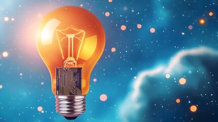 Aufkleber - Glowing Light Bulb with a Digital Circuit Base Framed by Nebula Clouds and Scattered Bokeh Lights Signifying Cutting Edge Ideas and Modern Technological Solutions for the Future