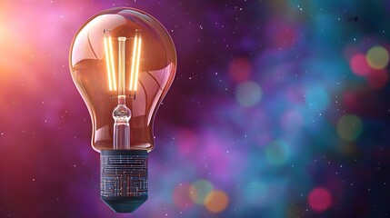 Fototapete - A futuristic light bulb illuminating a field of colorful bokeh with circuit patterns on the base set against a cosmic nebula for a bold innovation concept