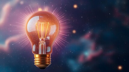 Aufkleber - A glowing conceptual light bulb symbolizing a visionary breakthrough surrounded by rays of innovation and orbited by soft bokeh lights with a backdrop of nebula clouds