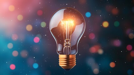Aufkleber - A light bulb with a glowing filament surrounded by a vibrant nebula sky and colorful bokeh lights symbolizing the birth of a smart creative thinking