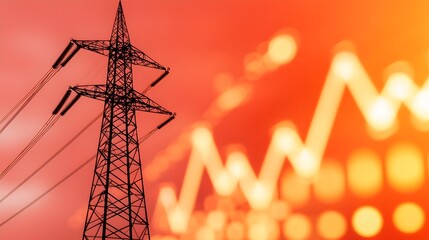 Fototapete - Electricity Pylon in Sharp Focus with High Energy Usage Graph and Warm Bokeh Effect Creating a Glowing Background