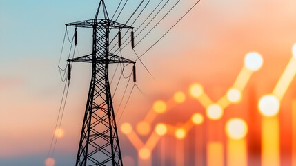 Poster - Electricity Pylon in Sharp Focus with a High Energy Usage Graph and Warm Bokeh Creating a Glowing Effect at the Bottom of the Image