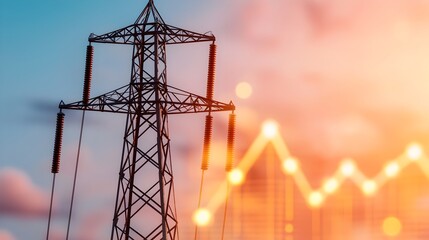 Fototapete - Electricity Pylon in Sharp Focus with a High Energy Usage Graph in the Background and Warm Bokeh Creating a Glowing Effect at the Bottom Representing the Concept of Power Energy
