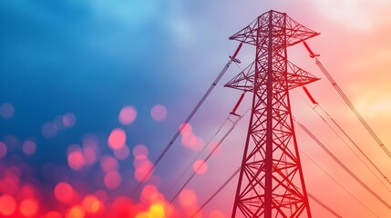 Fototapete - Towering High Voltage Electricity Transmission Infrastructure with Vibrant Power Consumption Graph Data Visualization in Dramatic Sky Background