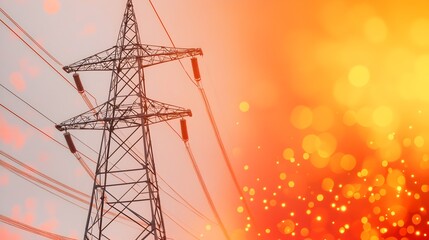 Fototapete - Powerful steel power line structure with a graph showing a dramatic surge in energy demand set against a background of intense heat in the form of orange red bokeh scattered throughout the image