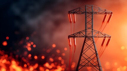 Poster - Steel Power Line Structure with Graph Showing Surge in Energy Demand and Intense Orange Red Bokeh Scattered Below the Image Representing the Power and Technology of the Modern Electrical Grid