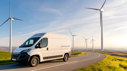 Aufkleber - An electric van driving on a winding road through a scenic natural landscape surrounded by symbols of clean energy like wind farms showcasing green transportation solutions for a sustainable future