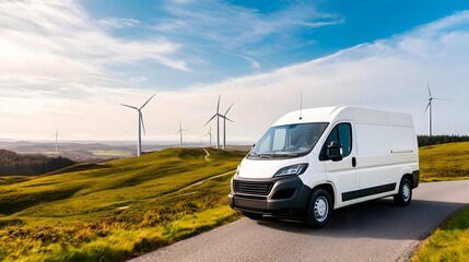 Electric van driving on a winding rural road surrounded by wind farms and other symbols of clean renewable energy solutions for green transportation