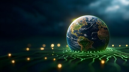 Aufkleber - An abstract and futuristic depiction of the Earth surrounded by a network of glowing green circuits representing the harmony and interconnectedness of renewable energy sources like solar wind