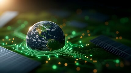 Aufkleber - An abstract digital depicting the earth surrounded by a harmonious network of glowing green circuits representing the interconnected renewable energy sources like solar wind