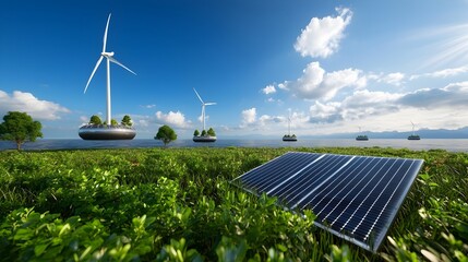 Aufkleber - A visionary design of a green tech hub with floating wind turbines and futuristic solar collectors providing clean energy solutions to an oceanfront city