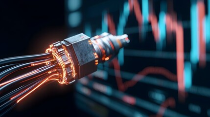 Fototapete - Glowing Intersection of High Voltage and Market Analytics An abstract fusion of electric circuits and financial data visualizations set against a dark backdrop and illuminated in neon