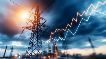 Poster - Electrical transmission towers and high voltage power lines stretching across a darkened industrial cityscape with bright market graph lines zigzagging through the sky
