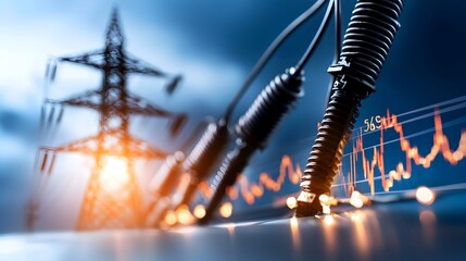 Aufkleber - Dramatic high voltage electrical infrastructure silhouetted against a faint market graph symbolizing the economic pulse driven by the energy sectors