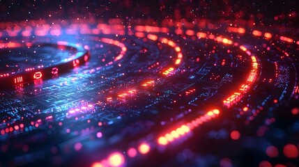 Fototapete - Futuristic 3D Rendered Tech Circle with Glowing Neon Lights and Digital Elements Symbolizing Big Data and Advanced Technology
