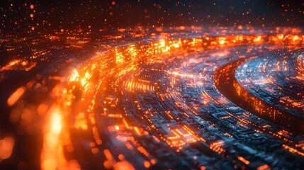Fototapete - Futuristic abstract tech circle with dynamic data streams and glowing circuits floating on a dark backdrop