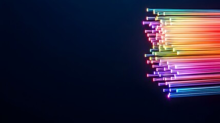 Fototapete - Close up macro shot of fiber optic cables emitting glowing multicolored rainbow lights in various directions creating a radiant luminous and ethereal effect against a deep dark background