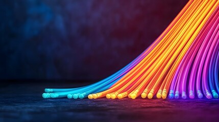 Poster - Stunning close up of glowing fiber optic cables with vivid pulsating colors delicately spreading across a dark contrasting surface creating a mesmerizing and futuristic visual experience