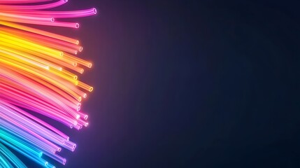 Fototapete - Mesmerizing close up of fiber optic strands glowing in a captivating array of vibrant multicolored hues against a solid dark backdrop  The strands curve and scatter light creating a mesmerizing