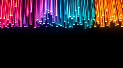 Fototapete - Vibrant glowing fiber optic cables captured in an ultra close macro shot revealing intricate details and captivating light diffusion effects over a dark background