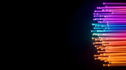 Leinwandbilder - Captivating abstract close up of illuminated fiber optic lines showcasing a mesmerizing display of vibrant glowing lights in a futuristic geometric pattern against a pure black background