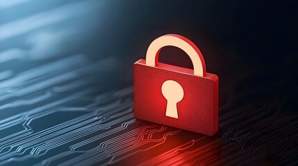 Fototapete - Futuristic digital interface showcasing a secure network with a glowing lock symbol surrounded by data streams and encryption visuals in a sleek and modern design