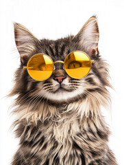 Gray Maine Coon cat with a tilted head wearing round yellow sunglasses, exuding a cute and noble demeanor against a clean white background.