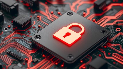 Poster - Futuristic digital interface design featuring a prominent glowing lock icon symbolizing advanced network security and encryption protocols for secure digital communication and data protection
