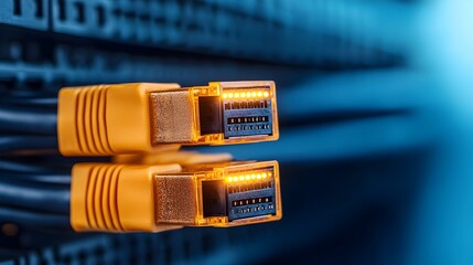 Leinwandbilder - Close up view of glowing RJ45 Ethernet cables with bright LED lights highlighting the dynamic nature of modern networking and digital infrastructure