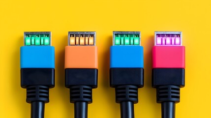 Aufkleber - Close up view of glowing and vibrant Ethernet cables displaying detailed network connections and colorful illumination in a modern tech setup