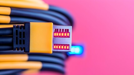 Poster - high detail close up of rj45 ethernet cables emitting vibrant led lights capturing the sleek design 