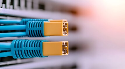 Leinwandbilder - Detailed close up shot of a blue ethernet cable being inserted into a server port showcasing the intricate connection and tech infrastructure within a modern data center setting
