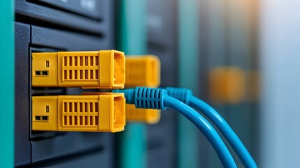 Fototapete - Close up view of a blue Ethernet cable securely plugged into a network server port