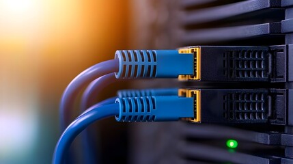 Leinwandbilder - Close up Macro Shot of a Blue Ethernet Cable Securely Plugged into a Network Server Port Highlighting the Connection Point and Modern Technology Setup
