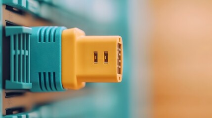 Aufkleber - Close up of a blue ethernet cable securely plugged into a network server showcasing the technology interface and digital connectivity for enterprise data communication