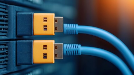 Fototapete - Detailed view of a blue Ethernet cable securely connected to the port of a network server showcasing the technology interface and hardware components of a digital communication system