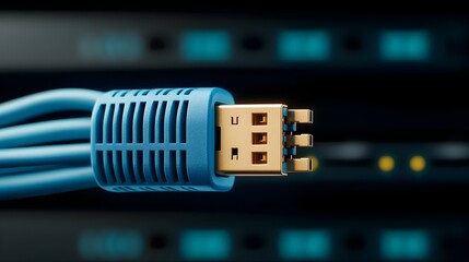 Aufkleber - High Detail Close Up of a Blue Ethernet Cable Securely Plugged Into a Network Server Showcasing the Precision Technology Interface for Digital Communication and Data Transmission