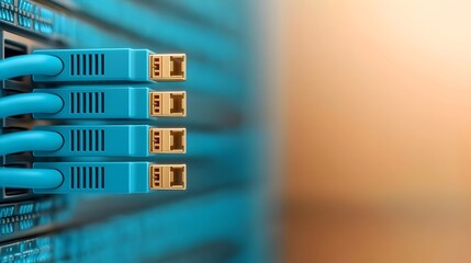 Fototapete - Close up detailed shot of a firmly and securely connected blue ethernet cable plugged into a server port