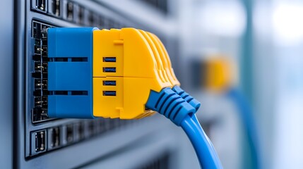 Fototapete - Close up detailed view of a blue ethernet cable plugged into a network server emphasizing the physical connection and the high tech environment of the digital infrastructure