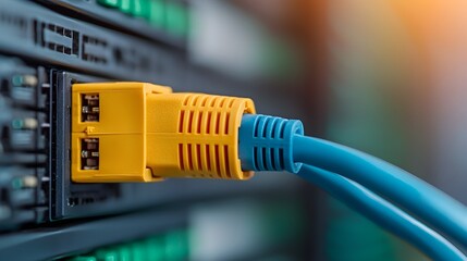 Fototapete - Close up photograph of a blue ethernet cable securely inserted into a server port emphasizing the precision and advanced technology behind modern network infrastructure and data connectivity