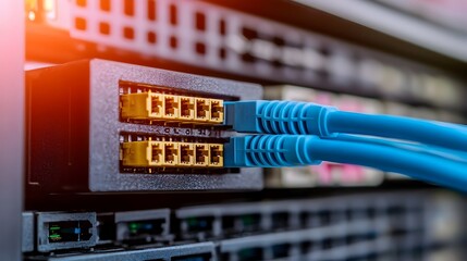 Poster - Close up view of a sleek blue ethernet cable firmly inserted into a server port highlighting the precision and technological prowess behind modern network infrastructure systems