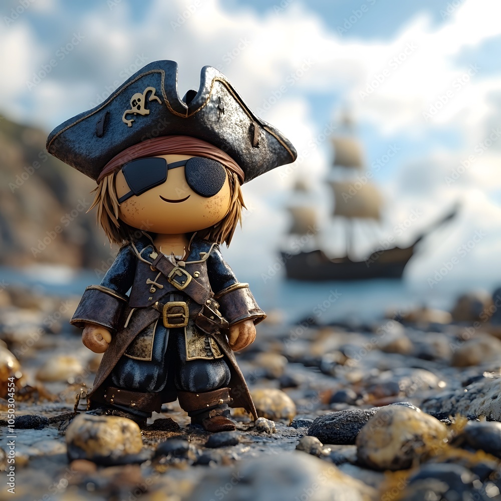 Bold 3D character pirate with an eye patch and a tricorn hat, posing ...