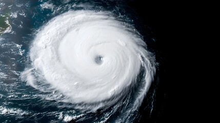 Satellite aerial view of a fierce and turbulent ocean storm with swirling clouds wrapping around the eye of the storm and towering ocean swells below