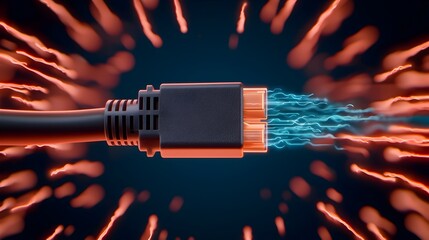 Poster - Closeup of a vibrant blue glowing RJ45 Ethernet cable connector capturing the fine details of the connector pins and light trails representing the high speed data flow through the digital network