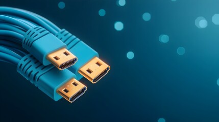 Fototapete - Glowing blue RJ45 Ethernet cables close up the connectors illuminated against a digital matrix background representing high speed internet and data transmission