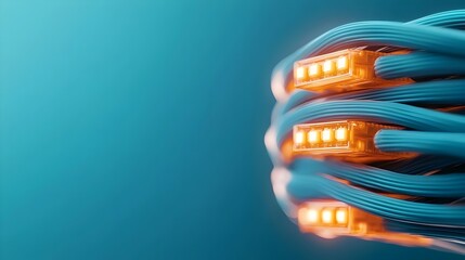 Fototapete - Macro shot of bright glowing blue Ethernet cables against a digital backdrop with abstract data lines and network connections radiating a futuristic technology vibe