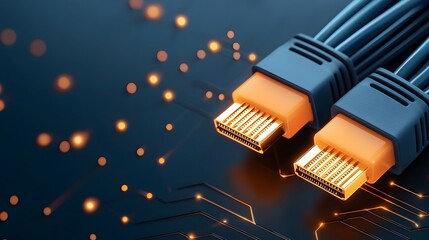 Leinwandbilder - Detailed view of glowing blue RJ45 Ethernet connectors with a digital background light radiating from the cables and blending with abstract tech elements  Futuristic and inspired digital art